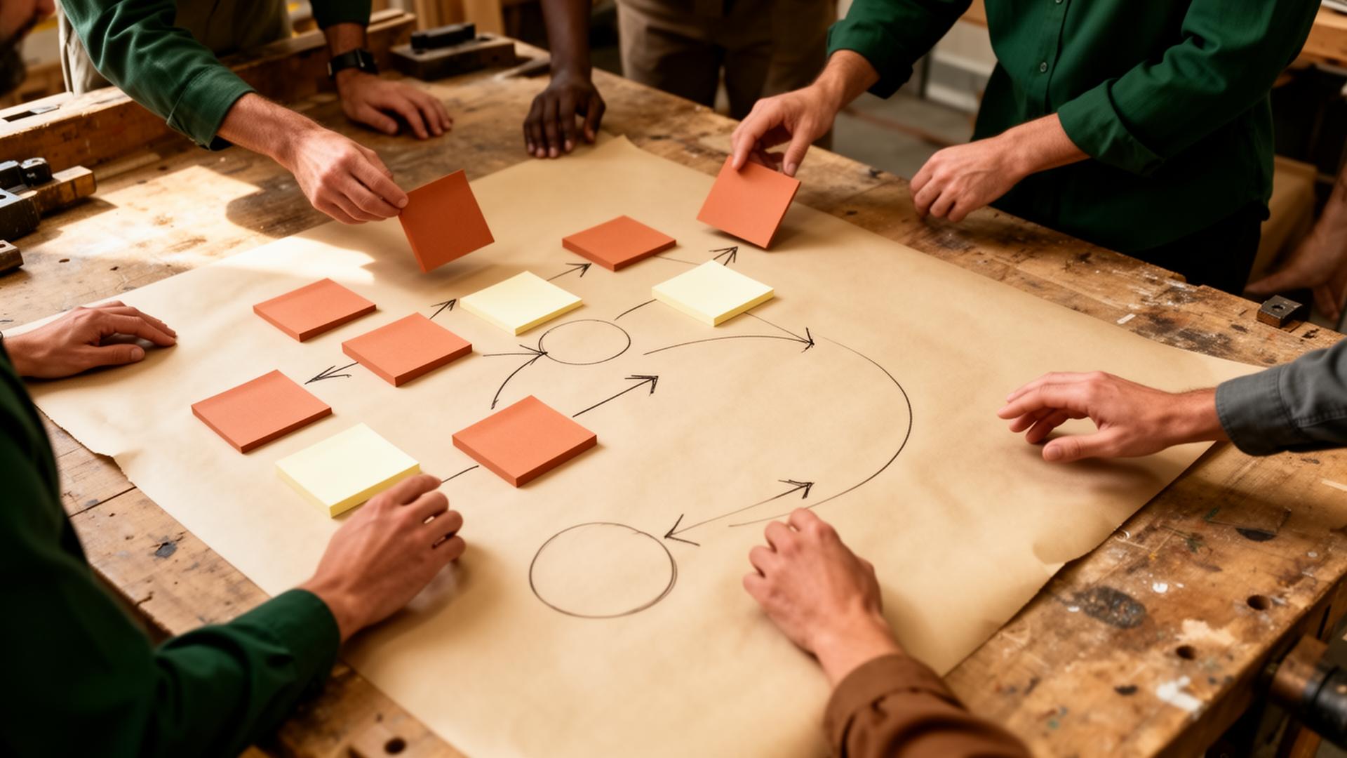 A leadership team mapping a customer journey on butcher paper during a Hint & Helm workshop
